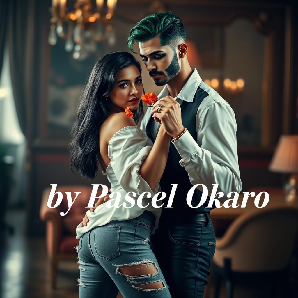 A dramatic and artistic portrayal of a fashionable couple posed in a stylish and intimate dance