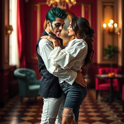 A dramatic and artistic portrayal of a fashionable couple posed in a stylish and intimate dance