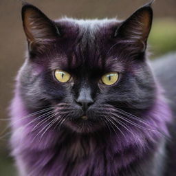 A mean-looking domestic cat with a vibrant, deep purple fur, with a snarling expression and piercing gaze.