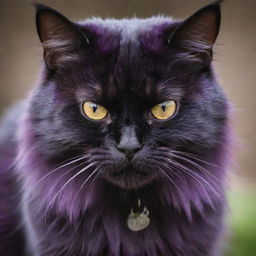 A mean-looking domestic cat with a vibrant, deep purple fur, with a snarling expression and piercing gaze.