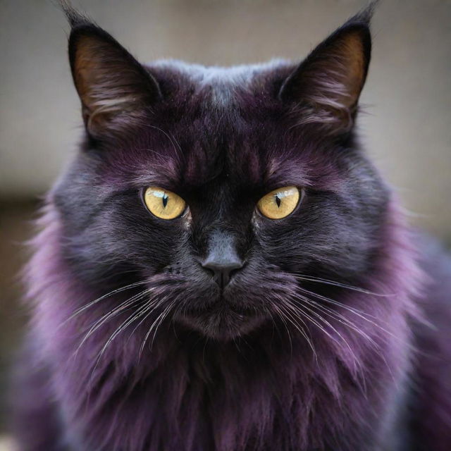 A mean-looking domestic cat with a vibrant, deep purple fur, with a snarling expression and piercing gaze.