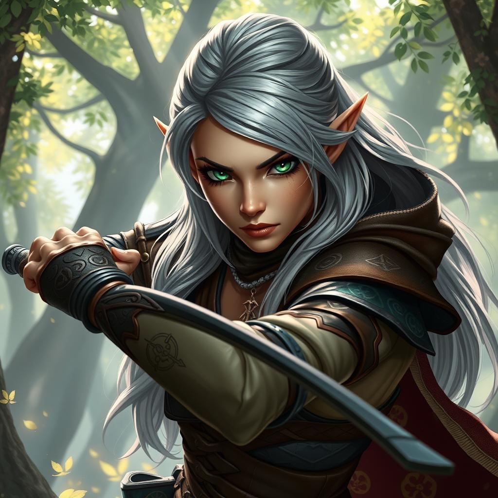 A fierce female elf fighter with striking green eyes, wielding a sleek, ornate whip