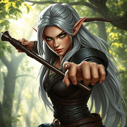 A fierce female elf fighter with striking green eyes, wielding a sleek, ornate whip