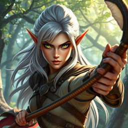 A fierce female elf fighter with striking green eyes, wielding a sleek, ornate whip