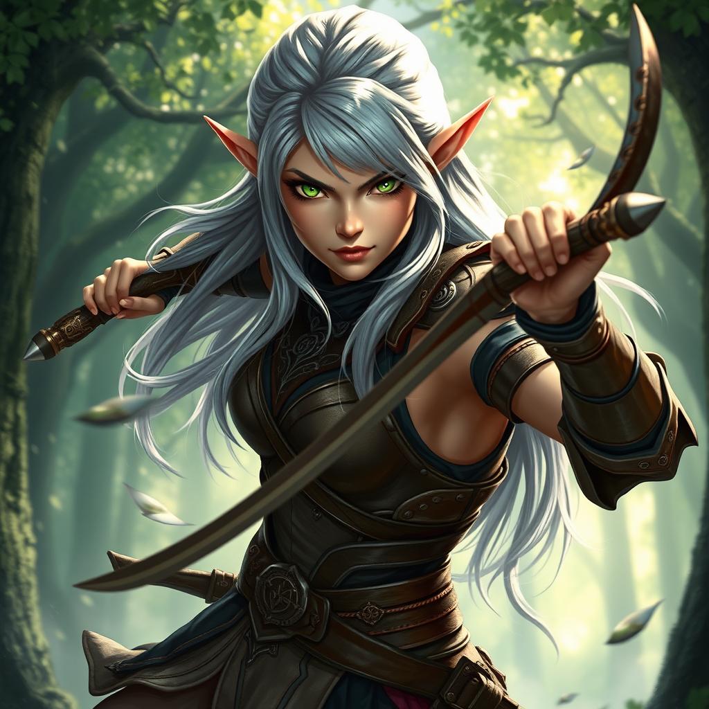 A fierce female elf fighter with striking green eyes, wielding a sleek, ornate whip