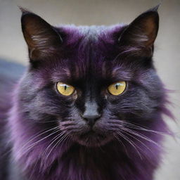 A mean-looking domestic cat with a vibrant, deep purple fur, with a snarling expression and piercing gaze.