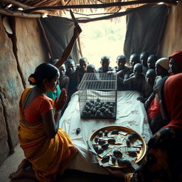 A dusky, tired-looking Indian woman in a colorful saree, kneeling in prayer with a solemn expression, facing a group of 15 angry African men gathered around a simple bed in a rustic hut