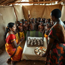 A dusky, tired-looking Indian woman in a colorful saree, kneeling in prayer with a solemn expression, facing a group of 15 angry African men gathered around a simple bed in a rustic hut