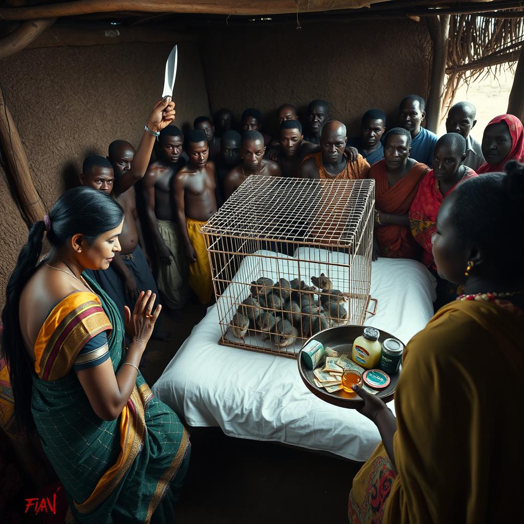 A dusky, tired-looking Indian woman in a colorful saree, kneeling in prayer with a solemn expression, facing a group of 15 angry African men gathered around a simple bed in a rustic hut