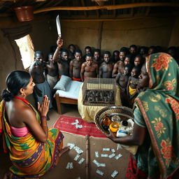 A dusky, tired-looking Indian woman in a colorful saree, kneeling in prayer with a solemn expression, facing a group of 15 angry African men gathered around a simple bed in a rustic hut