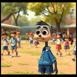 Buster is depicted in his blue and white school uniform which consists of a tidy shirt and shorts