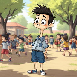 Buster is depicted in his blue and white school uniform which consists of a tidy shirt and shorts