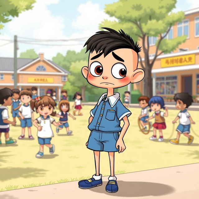 Buster is depicted in his blue and white school uniform which consists of a tidy shirt and shorts