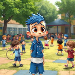 Buster is depicted in his blue and white school uniform which consists of a tidy shirt and shorts