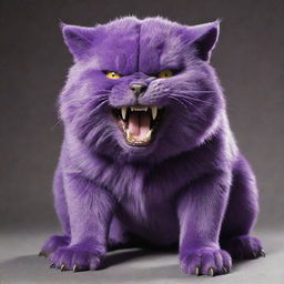 Transform the purple, mean-looking cat into a huge, bear-sized creature, maintaining its snarling expression and piercing gaze.