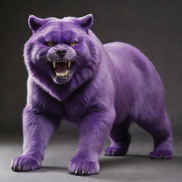 Transform the purple, mean-looking cat into a huge, bear-sized creature, maintaining its snarling expression and piercing gaze.