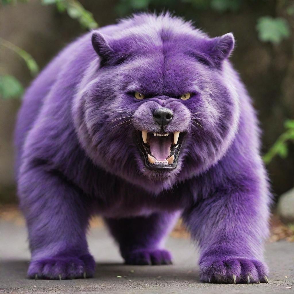 Transform the purple, mean-looking cat into a huge, bear-sized creature, maintaining its snarling expression and piercing gaze.