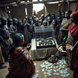 A dusky, tired-looking Indian woman in a colorful saree, kneeling in prayer with an anxious expression, facing a group of 15 angry African men surrounding a simple bed in a rustic hut