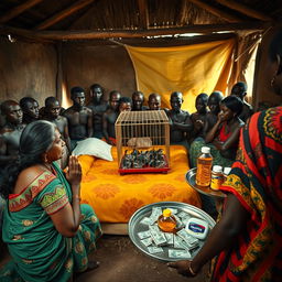 A dusky, tired-looking Indian woman in a colorful saree, kneeling in prayer with an anxious expression, facing a group of 15 angry African men surrounding a simple bed in a rustic hut