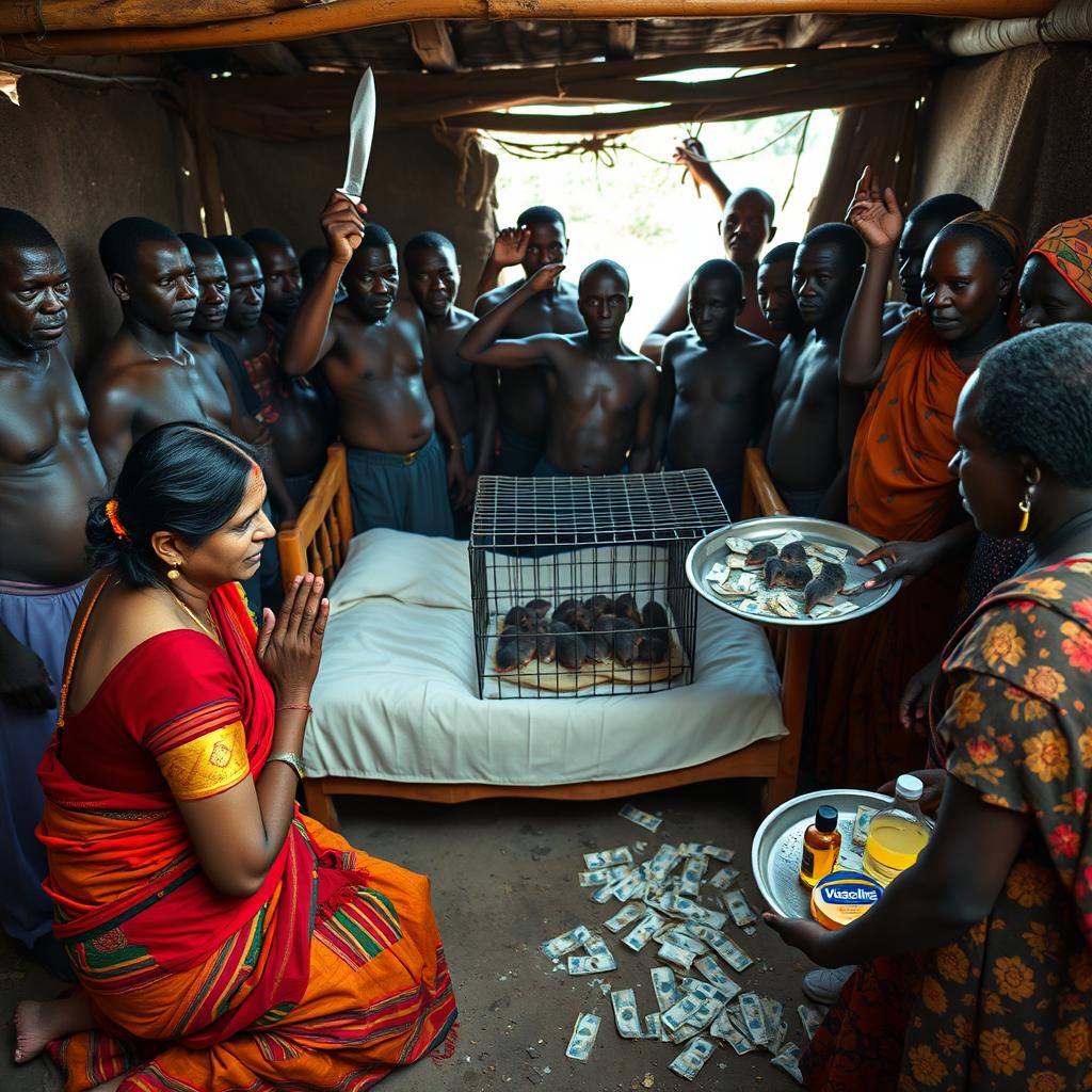 A dusky, tired-looking Indian woman in a colorful saree, kneeling in prayer with an anxious expression, facing a group of 15 angry African men surrounding a simple bed in a rustic hut