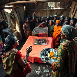 A dusky, tired-looking Indian woman in a colorful saree, kneeling in prayer with an anxious expression, facing a group of 15 angry African men surrounding a simple bed in a rustic hut