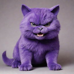 Transform the purple, mean-looking cat into a huge, bear-sized creature, maintaining its snarling expression and piercing gaze.