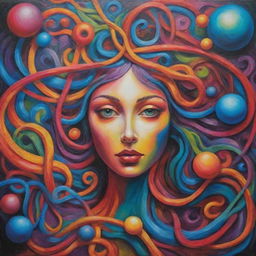 Create a surreal piece of artwork filled with vibrant colors, interweaving dimensions and otherworldly figures.