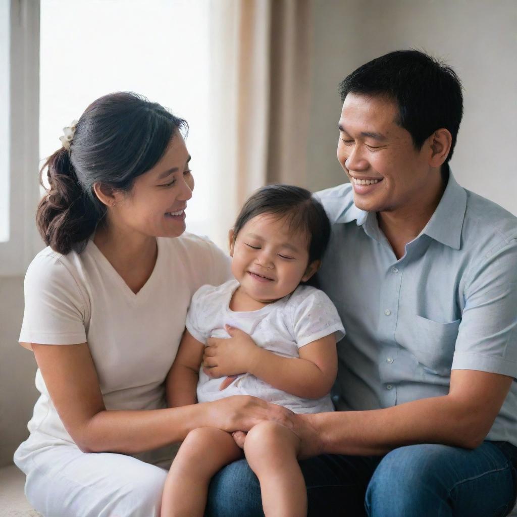 A touching scene of a Filipino couple comforting their melancholic child, their reassuring smiles bringing light into the room. The parents' love and care are evident as they create a safe haven for their child.