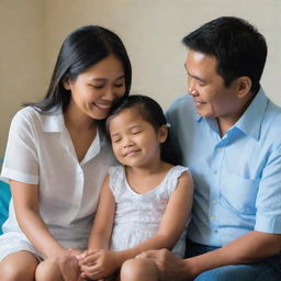 A touching scene of a Filipino couple comforting their melancholic child, their reassuring smiles bringing light into the room. The parents' love and care are evident as they create a safe haven for their child.