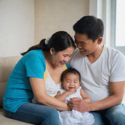 A touching scene of a Filipino couple comforting their melancholic child, their reassuring smiles bringing light into the room. The parents' love and care are evident as they create a safe haven for their child.