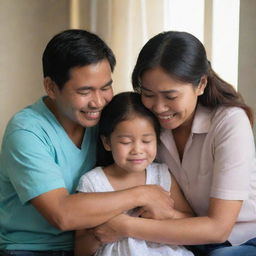 A touching scene of a Filipino couple comforting their melancholic child, their reassuring smiles bringing light into the room. The parents' love and care are evident as they create a safe haven for their child.