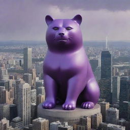 Elevate the scale of the bear-sized purple cat to an unfathomable extent, towering over an entire cityscape, its snarl sending chills down the city dwellers.