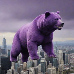 Elevate the scale of the bear-sized purple cat to an unfathomable extent, towering over an entire cityscape, its snarl sending chills down the city dwellers.