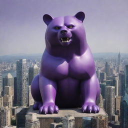 Elevate the scale of the bear-sized purple cat to an unfathomable extent, towering over an entire cityscape, its snarl sending chills down the city dwellers.