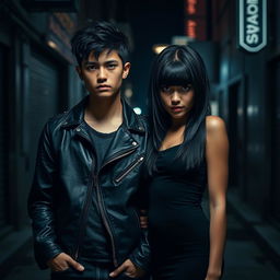 A striking image of identical twins, a 21-year-old boy and girl, depicted in a dark, moody setting