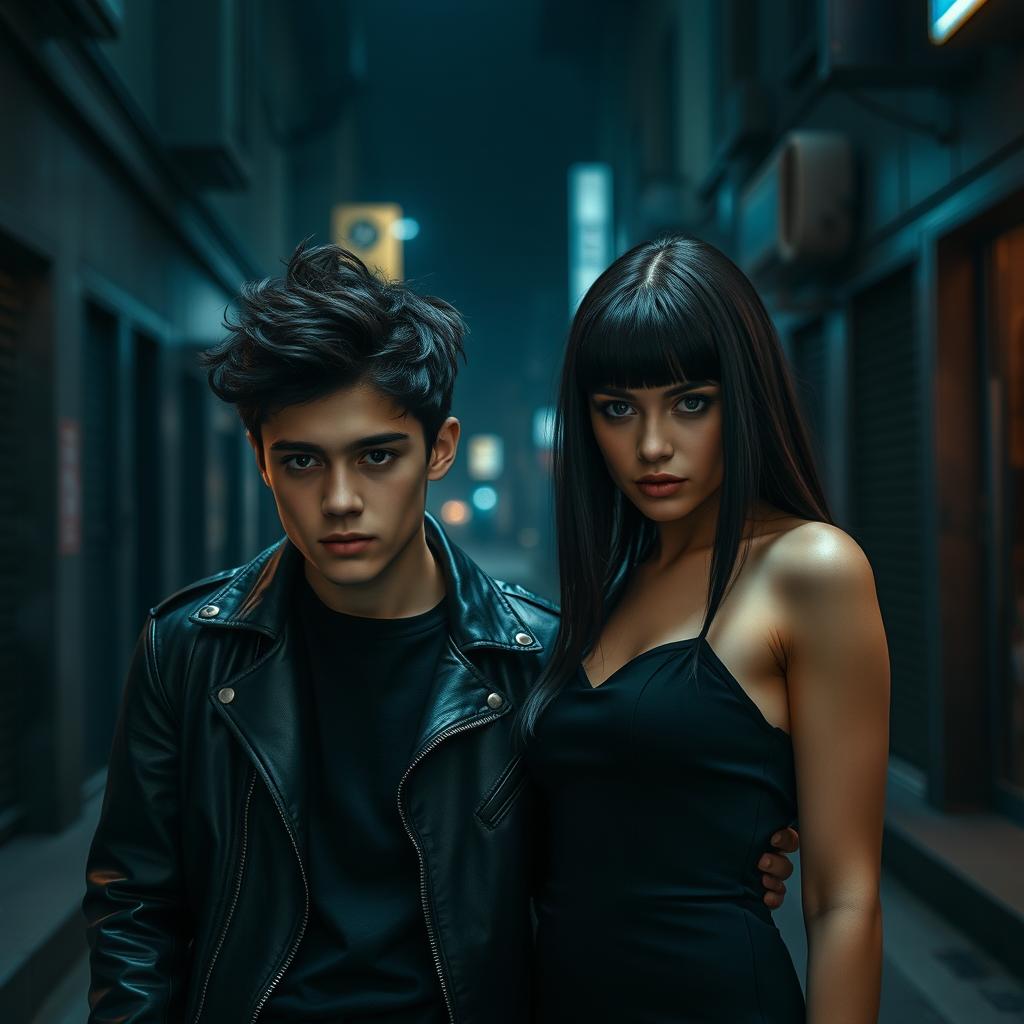 A striking image of identical twins, a 21-year-old boy and girl, depicted in a dark, moody setting