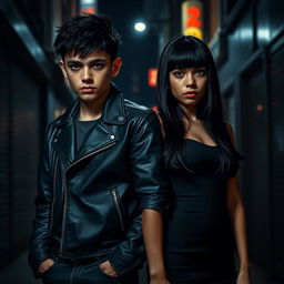 A striking image of identical twins, a 21-year-old boy and girl, depicted in a dark, moody setting