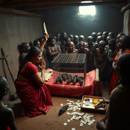 A dusky, tired-looking Indian woman in a richly colored saree, kneeling in prayer with a worried expression, facing a group of 15 angry African men surrounding a simple bed in a dimly lit rustic hut