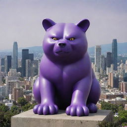 Elevate the scale of the bear-sized purple cat to an unfathomable extent, towering over an entire cityscape, its snarl sending chills down the city dwellers.