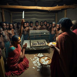 A dusky, tired-looking Indian woman in a richly colored saree, kneeling in prayer with a worried expression, facing a group of 15 angry African men surrounding a simple bed in a dimly lit rustic hut