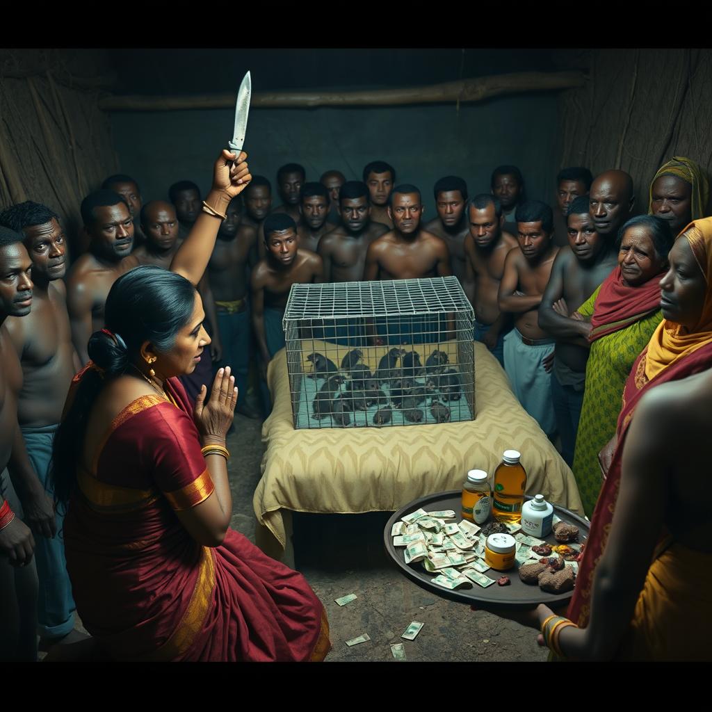 A dusky, tired-looking Indian woman in a richly colored saree, kneeling in prayer with a worried expression, facing a group of 15 angry African men surrounding a simple bed in a dimly lit rustic hut