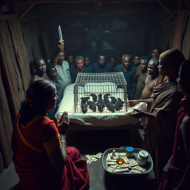 A dusky, tired-looking Indian woman in a richly colored saree, kneeling in prayer with a worried expression, facing a group of 15 angry African men surrounding a simple bed in a dimly lit rustic hut