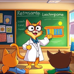 A cartoon cat joyfully teaching about the cell membrane, standing in a classroom filled with colorful educational posters