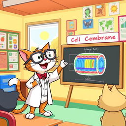 A cartoon cat joyfully teaching about the cell membrane, standing in a classroom filled with colorful educational posters