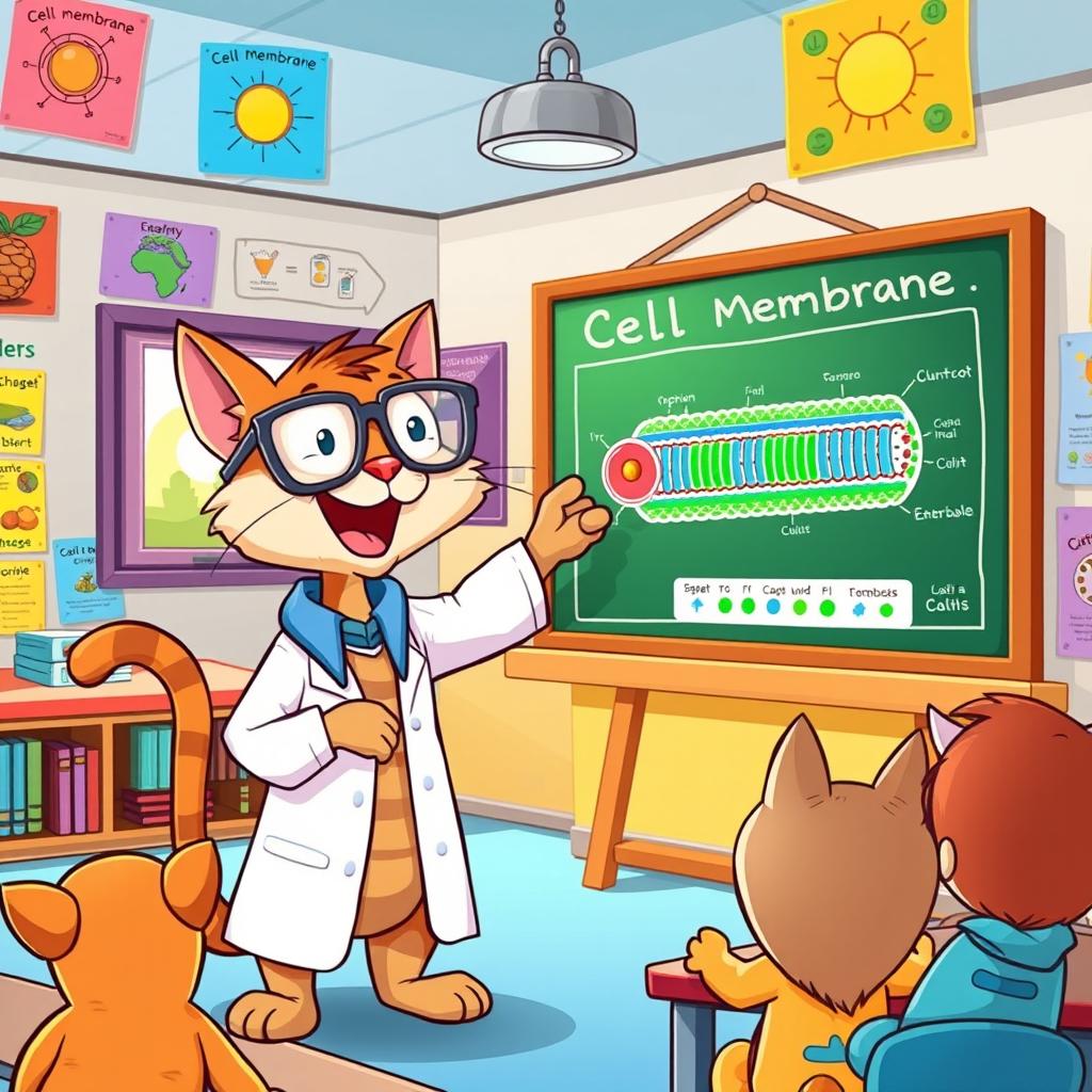 A cartoon cat joyfully teaching about the cell membrane, standing in a classroom filled with colorful educational posters