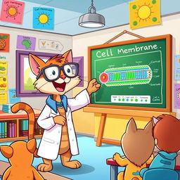 A cartoon cat joyfully teaching about the cell membrane, standing in a classroom filled with colorful educational posters