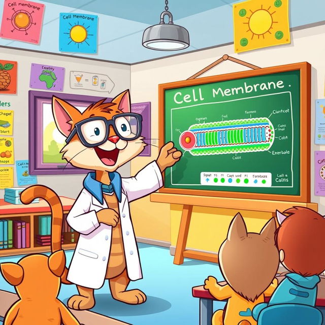 A cartoon cat joyfully teaching about the cell membrane, standing in a classroom filled with colorful educational posters