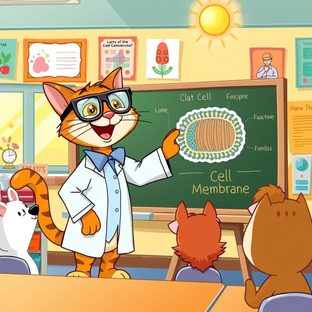 A cartoon cat joyfully teaching about the cell membrane, standing in a classroom filled with colorful educational posters