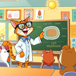 A cartoon cat joyfully teaching about the cell membrane, standing in a classroom filled with colorful educational posters