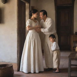 A scene set in the Filipino colonial period, showcasing a mother and father soothing their dispirited young son. They exude love and warmth, standing in their traditional attire, inside a colonial-style house, signifying familial fortitude.